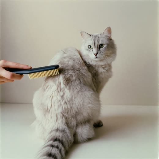 A long-haired cat being brushed along the back